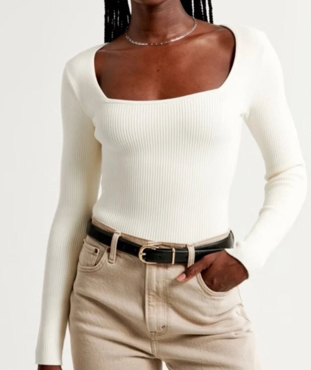 Abercrombie Women Ottoman Square Neck Rib Bodysuit Cream Size Small Longsleeve